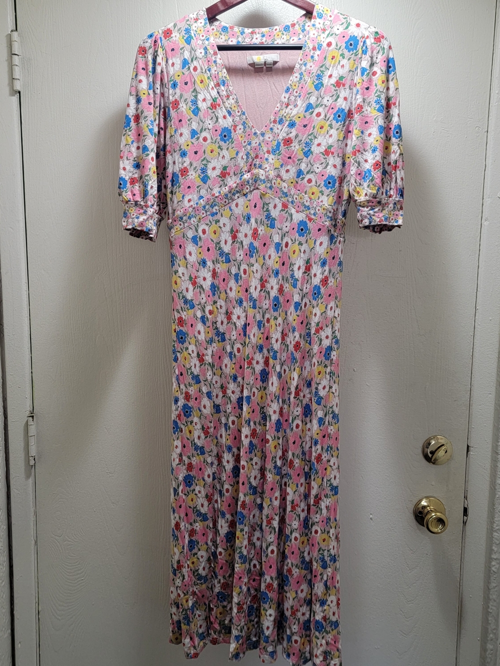 Boden Pink Floral V-Neck Maxi Dress with Blue and Yellow Accents